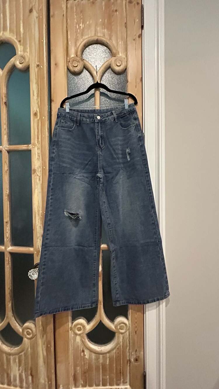 Wide Leg Distressed Denim Pants Size XL Blue Ripped Casual Jeans